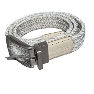 Dunning Golf Mens Beige White Stretch Belt, Silver Buckle Leather Trim Size 40